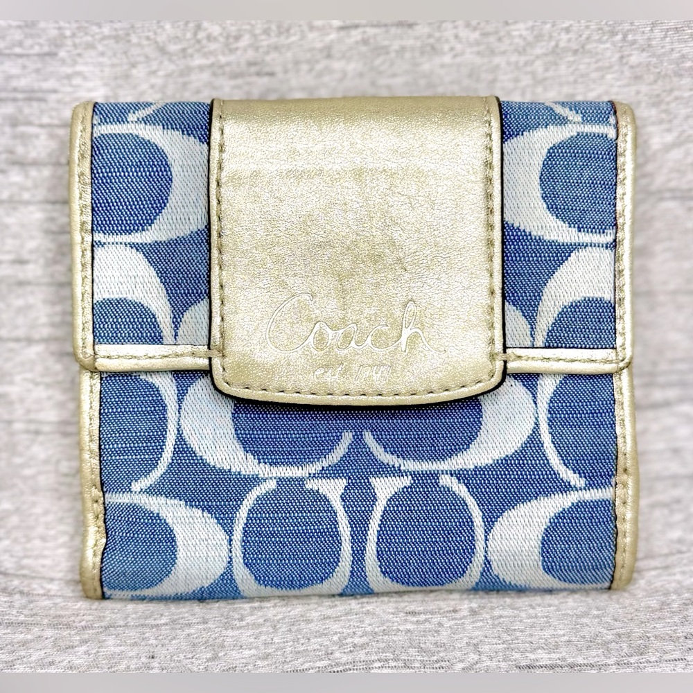 Coach Penelope Denim Blue and Metallic Leather Bifold Wallet w/ Snap Coin Slot